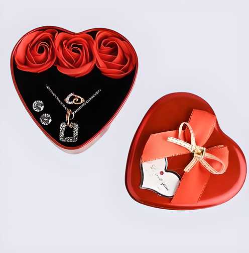 Floweraura Sparkling Love Adornments Jewelry & Artificial Flower in Heart Red Box Valentine's Gift - Bara Zum