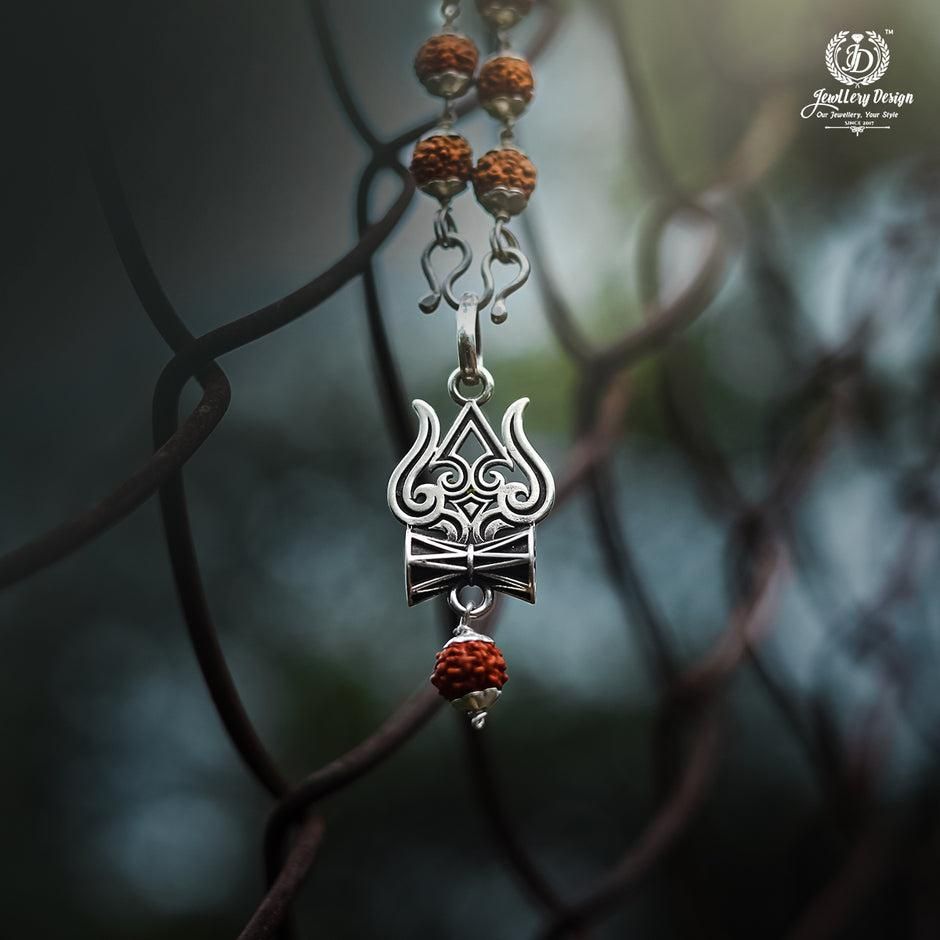 Trishul Damru Rudraksha Pendant with Orignal Rudraksha Mala - Bara Zum