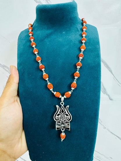 Trishul Damru Rudraksha Pendant with Orignal Rudraksha Mala - Bara Zum