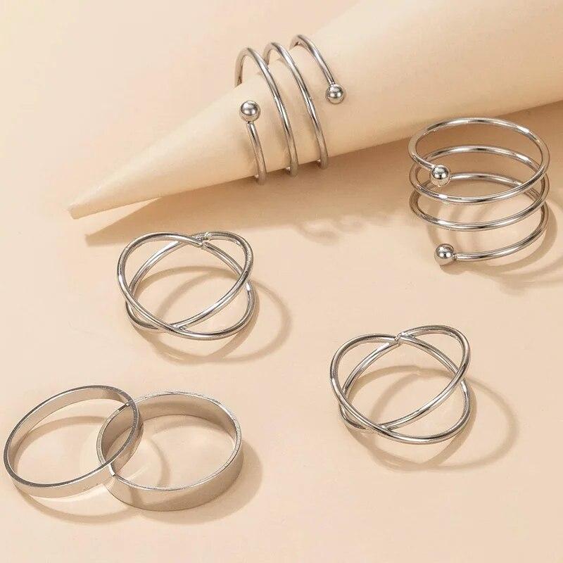 Silver Color Round Hollow Geometric Fashion Cross Twist Open Ring Set Joint (6Pcs) - Bara Zum