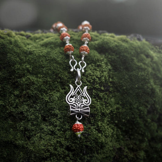 Trishul Damru Rudraksha Pendant with Orignal Rudraksha Mala - Bara Zum