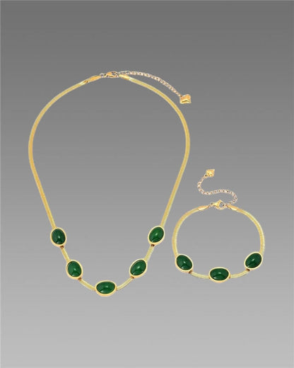 Oval Green Crystal Pendant Necklace Set With Bracelet - Bara Zum