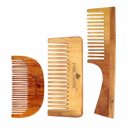 Park Daniel Natural & Ecofriendly Handcrafted Wooden Beard Comb(4 inches), Neem Wooden Dressing Handle Comb(7.5 inches) & Medium Detangler Comb(5.5 inches) pack of 3 pcs. - Bara Zum