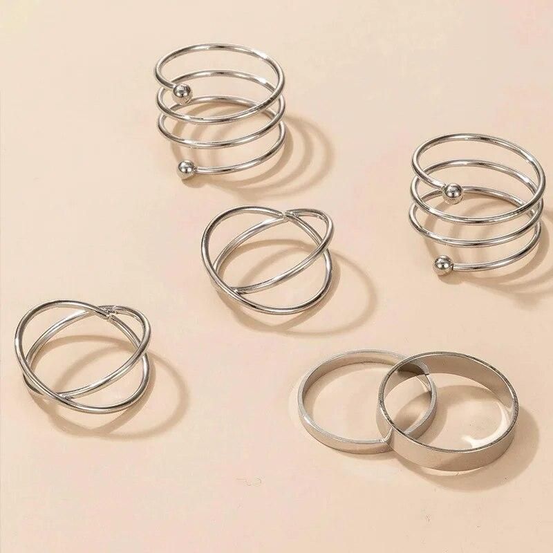 Silver Color Round Hollow Geometric Fashion Cross Twist Open Ring Set Joint (6Pcs) - Bara Zum