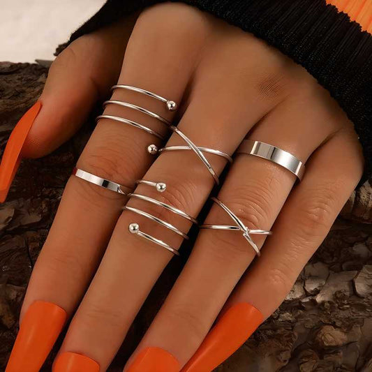 Silver Color Round Hollow Geometric Fashion Cross Twist Open Ring Set Joint (6Pcs) - Bara Zum