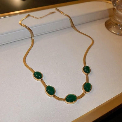 Oval Green Crystal Pendant Necklace Set With Bracelet - Bara Zum