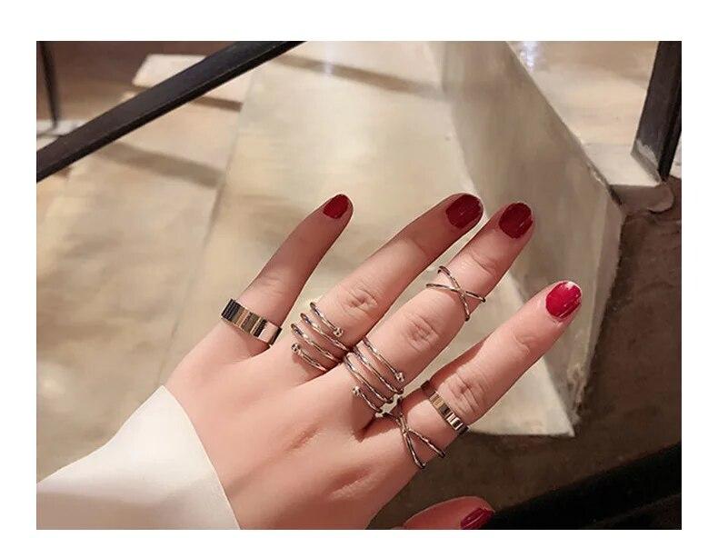 Silver Color Round Hollow Geometric Fashion Cross Twist Open Ring Set Joint (6Pcs) - Bara Zum