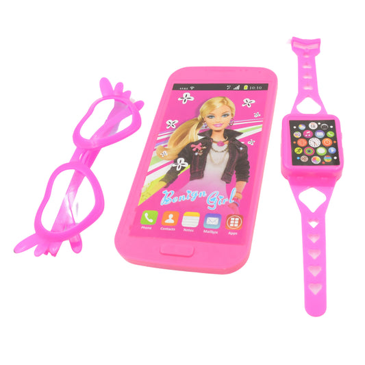 3247 Barbiee Phone Watch And Glasses Set For Girls Beautiful Barbie Musical Phone Abs Plastic Toy Battery Operated Barbie Glass  Musical Mobile Phone   Toddler  Toy Phone For Kids  Calling Toy Phone (3 Pcs Set Battery Not Included)