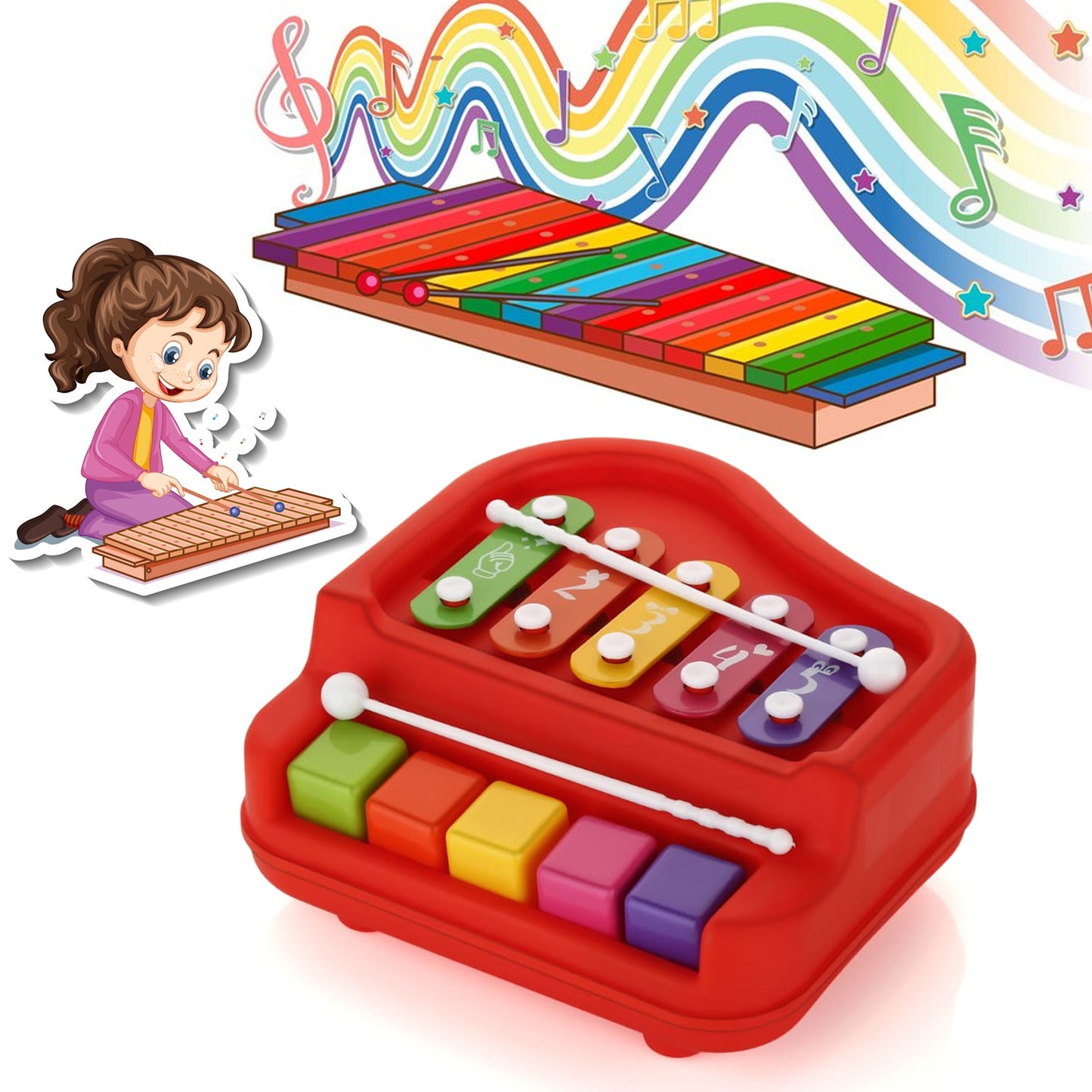 17799 2 In 1 Baby Piano Xylophone Toy For Toddlers 5 Multicolored Key Keyboard Xylophone Piano Preschool Educational Musical Learning Instruments Toy For Baby Kids Girls Boys 3+ Years(1 Pc)