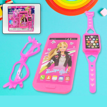 3247 Barbiee Phone Watch And Glasses Set For Girls Beautiful Barbie Musical Phone Abs Plastic Toy Battery Operated Barbie Glass  Musical Mobile Phone   Toddler  Toy Phone For Kids  Calling Toy Phone (3 Pcs Set Battery Not Included)