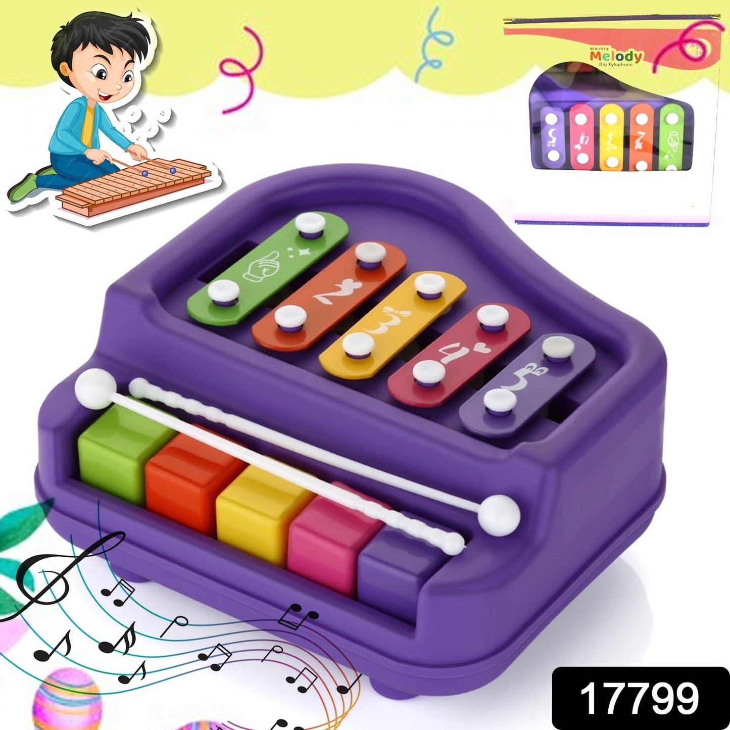 17799 2 In 1 Baby Piano Xylophone Toy For Toddlers 5 Multicolored Key Keyboard Xylophone Piano Preschool Educational Musical Learning Instruments Toy For Baby Kids Girls Boys 3+ Years(1 Pc)